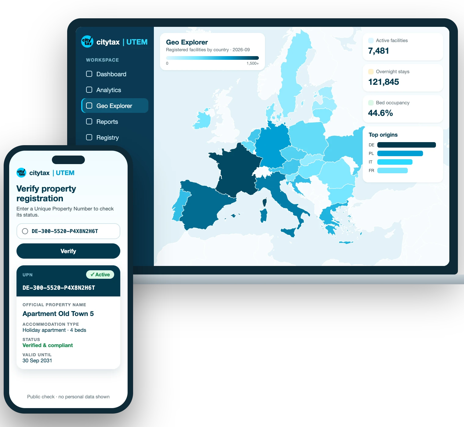Illustration der UTEM-Plattform auf Laptop und Smartphone: ein Dashboard mit Karte und Diagrammen sowie eine Unterkunftsregistrierung mit Registrierungsnummer